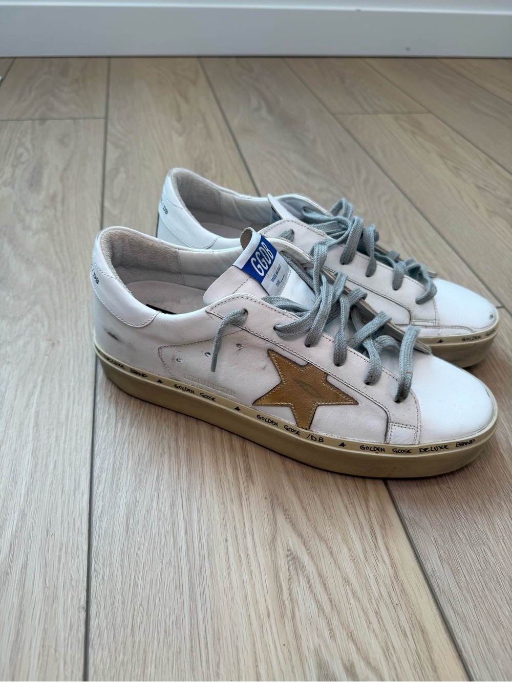 Golden Goose Hi Star Leather Sneakers with Gold Star and Gray Laces